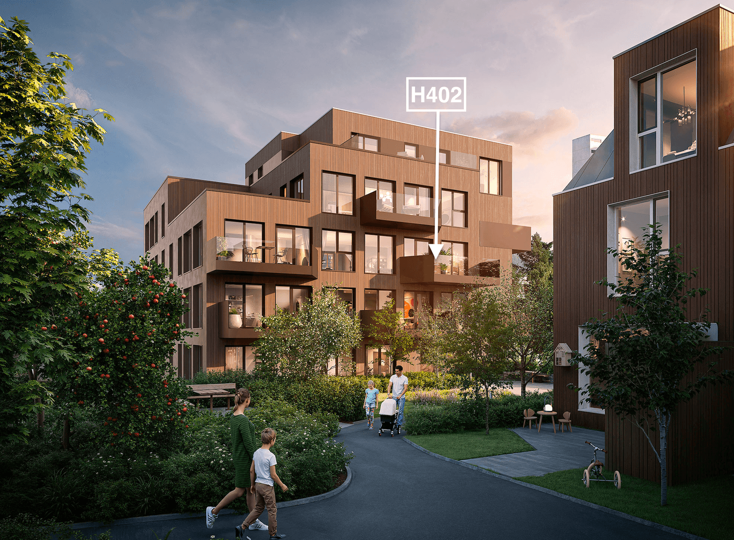 I leliighet 402 får du gode solforhold på balkongen utover ettermiddagen og kvelden – herlig etter en travel dag på jobb eller skole. Herfra kan du kanskje følge med på når eplene blir røde og modne?