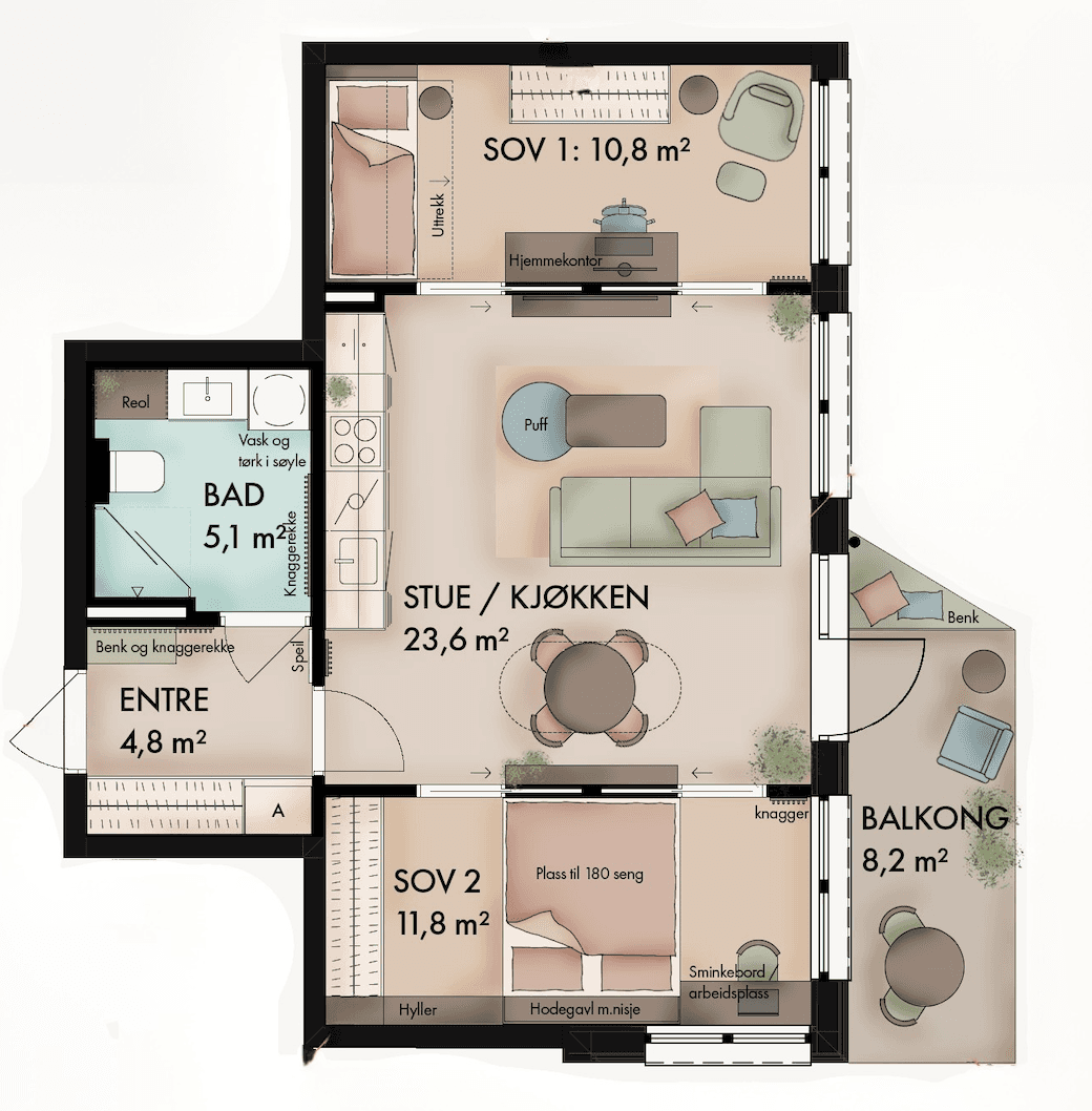 H504 – 58,6 m² BRA-i – kr. 5 115 000. Trenger du to soverom? Eller vil du heller ha hjemmekontor eller egen TV-stue?