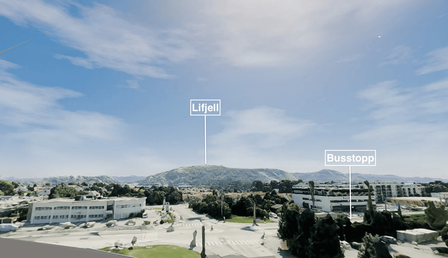 Litt av utsikten fra leilighet H504, som du kan flytte inn i våren 2027. Her får du Gramstad-alpene i synsfeltet og den nye bussveien i umiddelbar gåavstand.